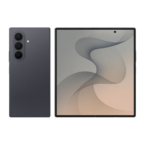 Refurbished Samsung Galaxy Z Fold8 Ultra in Graphite, shown folded from the back and unfolded from the front